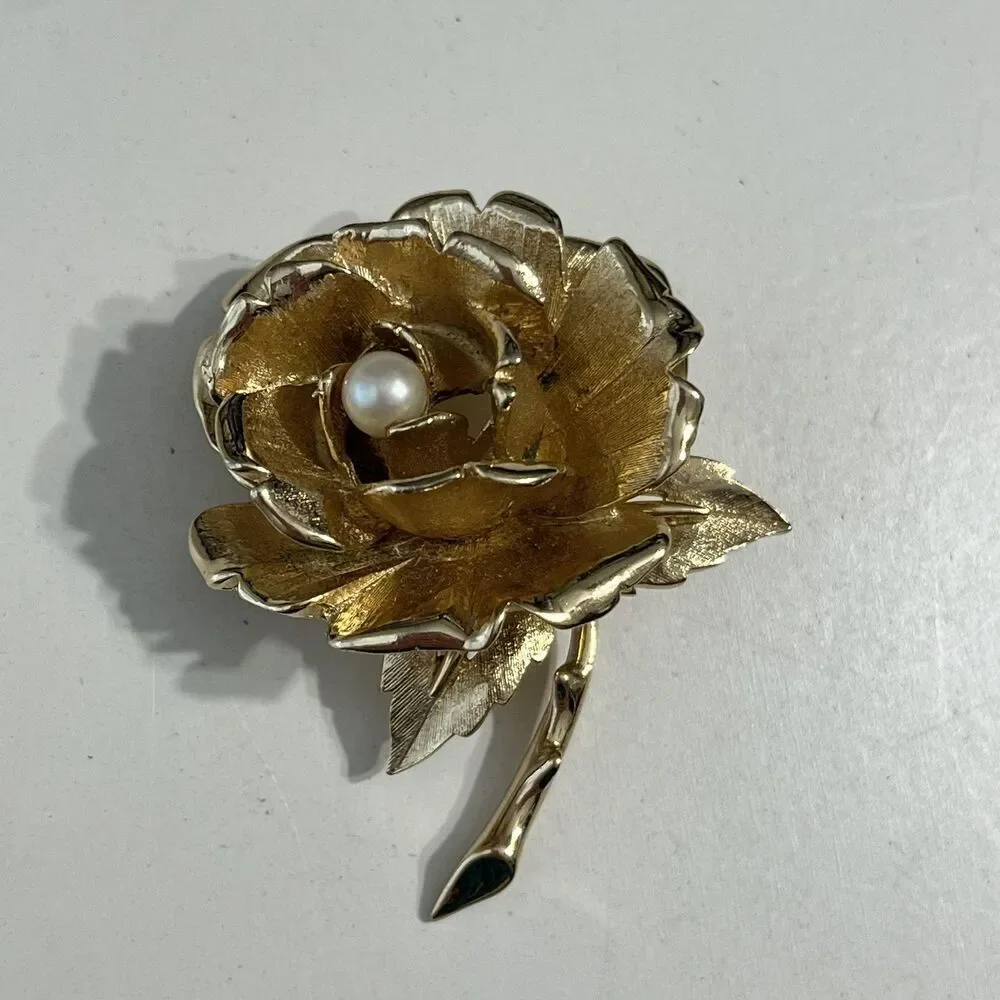 Vintage Marcel Boucher Rose Flower Brooch Gold Tone Pearl Pin Floral Italy